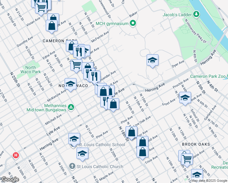 map of restaurants, bars, coffee shops, grocery stores, and more near 1619 Lyle Ave in Waco