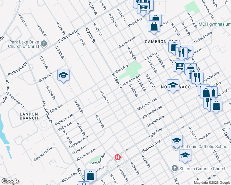 map of restaurants, bars, coffee shops, grocery stores, and more near 2504 McFerrin Avenue in Waco