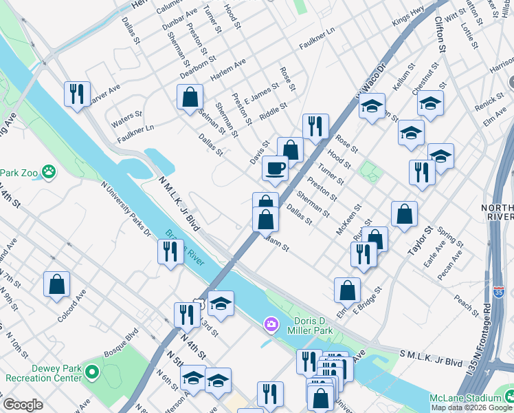 map of restaurants, bars, coffee shops, grocery stores, and more near 712 Dallas Street in Waco