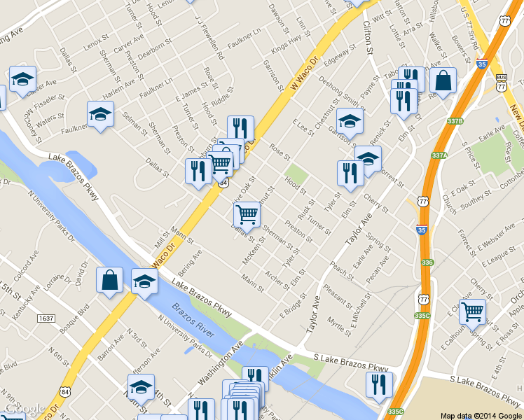 map of restaurants, bars, coffee shops, grocery stores, and more near 420 Preston Street in Waco