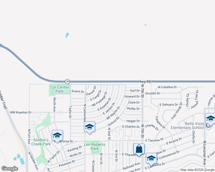 map of restaurants, bars, coffee shops, grocery stores, and more near 174 Northeast Freihage Drive in Sierra Vista