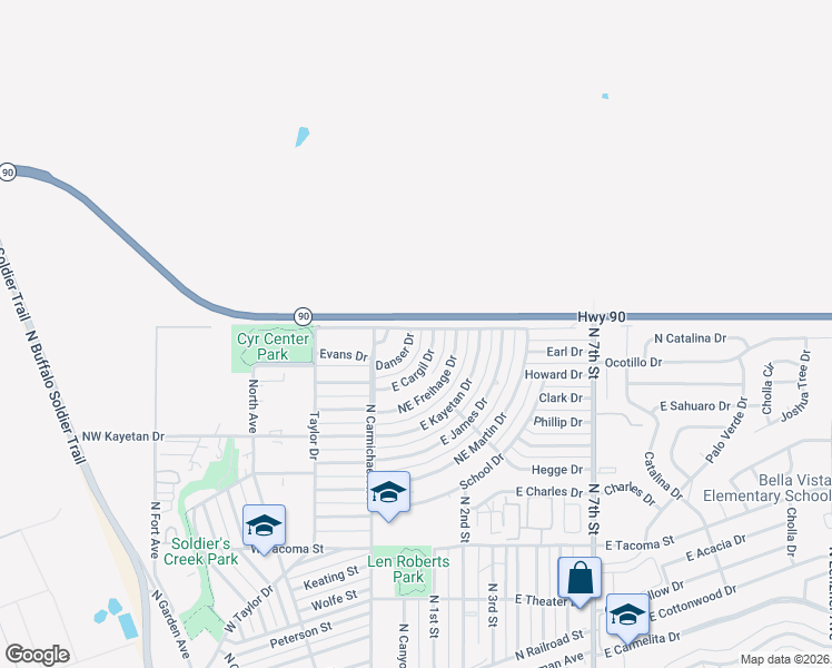 map of restaurants, bars, coffee shops, grocery stores, and more near 74 Danser Drive in Sierra Vista
