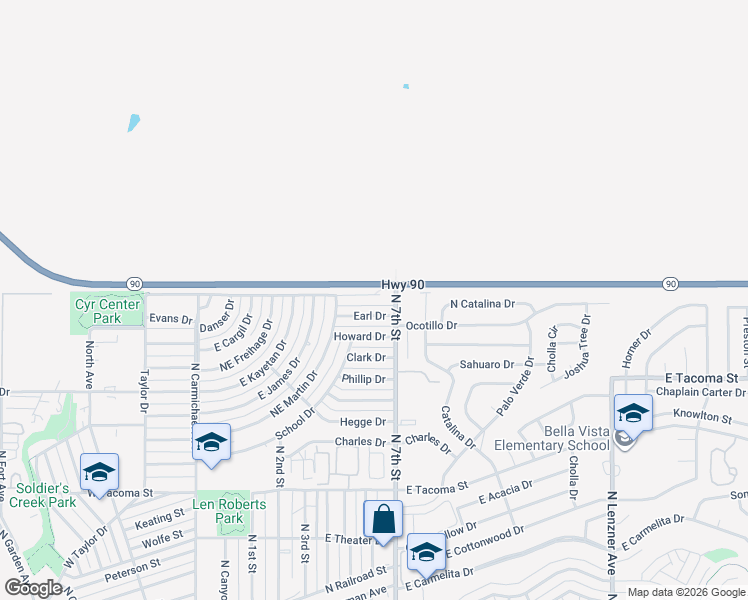 map of restaurants, bars, coffee shops, grocery stores, and more near 532 Nelson Drive in Sierra Vista
