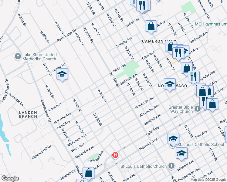 map of restaurants, bars, coffee shops, grocery stores, and more near 2524 McFerrin Avenue in Waco