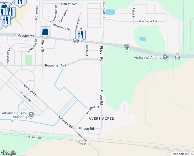 map of restaurants, bars, coffee shops, grocery stores, and more near 215 Pinson Road in Albany