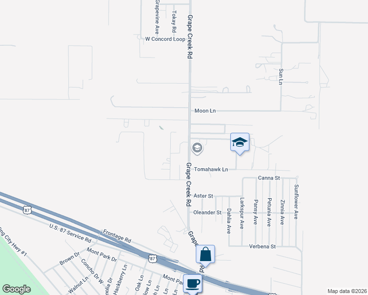 map of restaurants, bars, coffee shops, grocery stores, and more near 8849 Grape Creek Rd in San Angelo