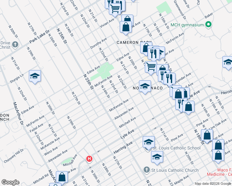 map of restaurants, bars, coffee shops, grocery stores, and more near 2305 Reuter Avenue in Waco