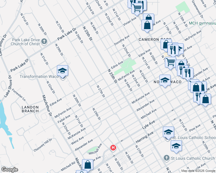 map of restaurants, bars, coffee shops, grocery stores, and more near 2601 McFerrin Avenue in Waco