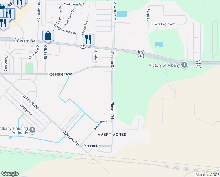 map of restaurants, bars, coffee shops, grocery stores, and more near 215 Pinson Road in Albany