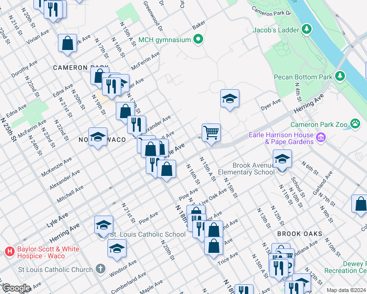 map of restaurants, bars, coffee shops, grocery stores, and more near 1540 Lyle Avenue in Waco