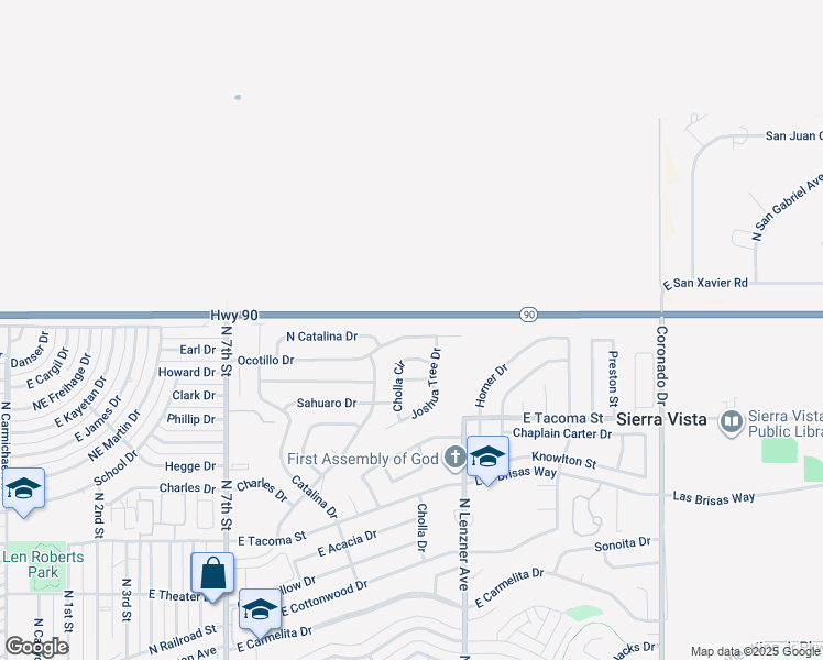 map of restaurants, bars, coffee shops, grocery stores, and more near 1349 Ocotillo Drive in Sierra Vista