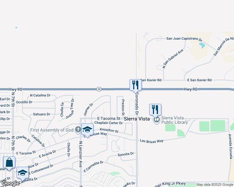map of restaurants, bars, coffee shops, grocery stores, and more near 2015 Van Deman Way in Sierra Vista