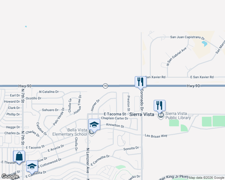 map of restaurants, bars, coffee shops, grocery stores, and more near 1258 Horner Drive in Sierra Vista