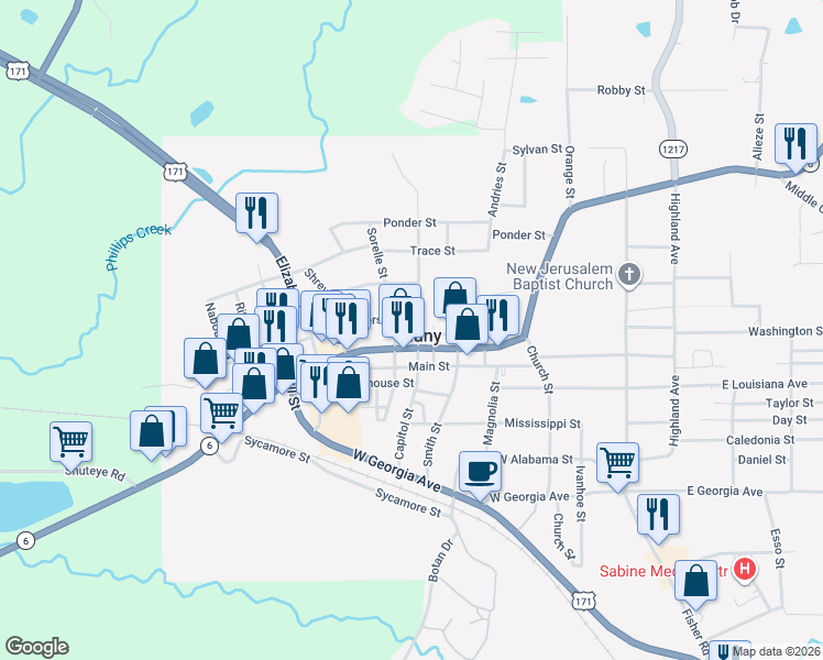 map of restaurants, bars, coffee shops, grocery stores, and more near in Many