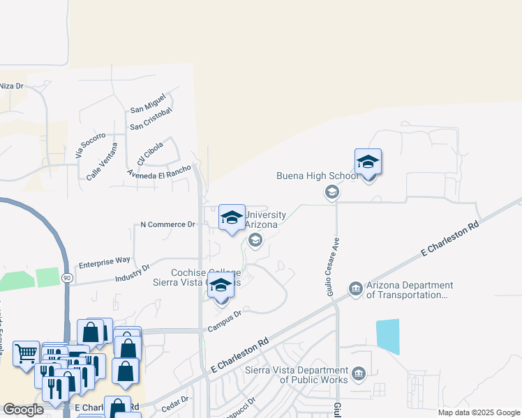 map of restaurants, bars, coffee shops, grocery stores, and more near 1201 North Colombo Avenue in Sierra Vista