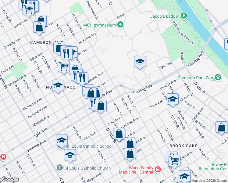 map of restaurants, bars, coffee shops, grocery stores, and more near 1540 Lyle Avenue in Waco