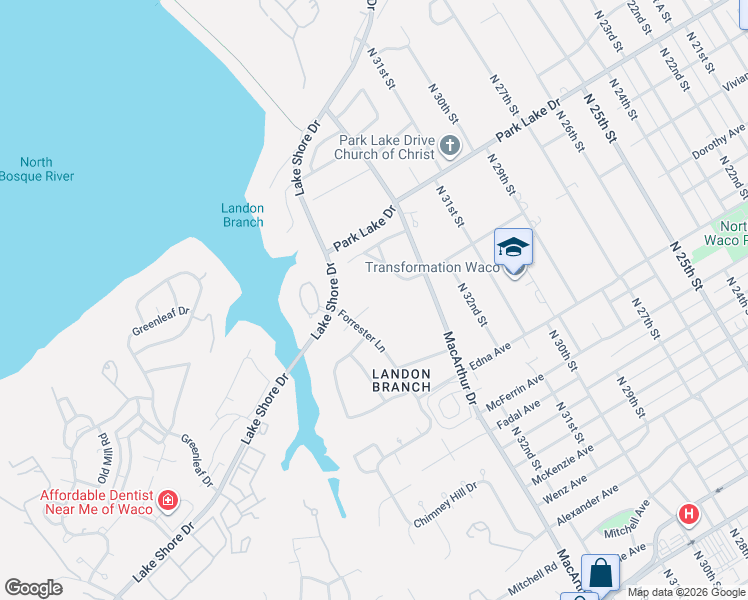 map of restaurants, bars, coffee shops, grocery stores, and more near 3401 Obrien Circle in Waco