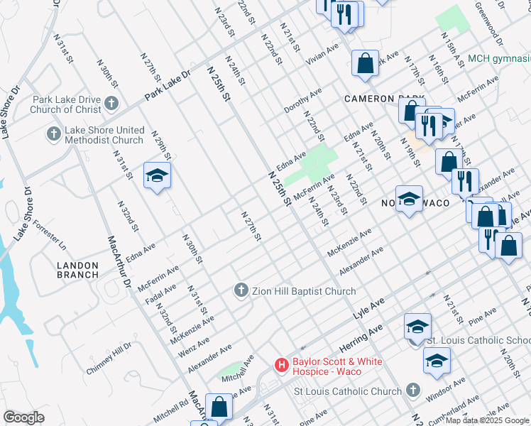 map of restaurants, bars, coffee shops, grocery stores, and more near 2601 McFerrin Avenue in Waco