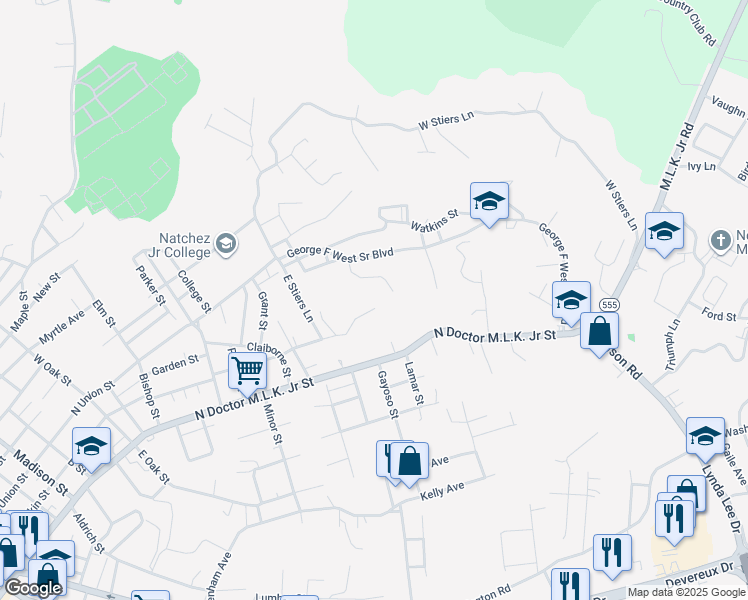 map of restaurants, bars, coffee shops, grocery stores, and more near 1048 Martins Lane in Natchez