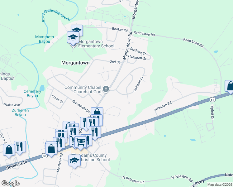 map of restaurants, bars, coffee shops, grocery stores, and more near 411 Oakland Drive in Natchez