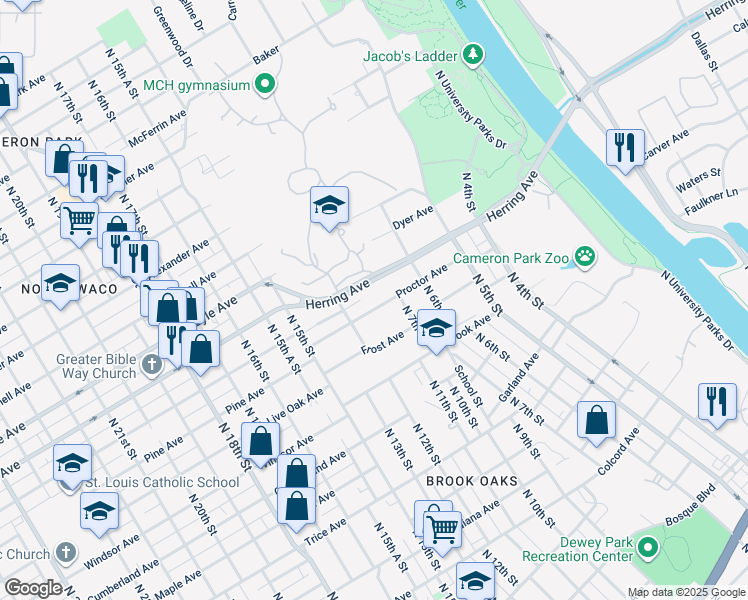 map of restaurants, bars, coffee shops, grocery stores, and more near 713 Proctor Ave in Waco
