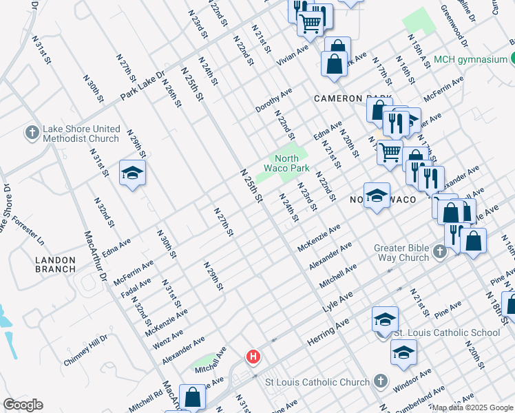 map of restaurants, bars, coffee shops, grocery stores, and more near 2504 McFerrin Avenue in Waco