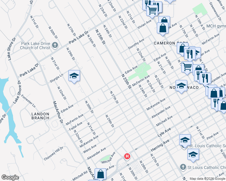 map of restaurants, bars, coffee shops, grocery stores, and more near 2704 Woodrow Avenue in Waco