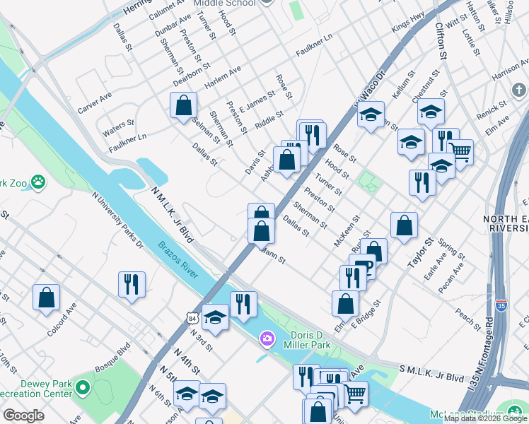 map of restaurants, bars, coffee shops, grocery stores, and more near 712 Dallas Street in Waco