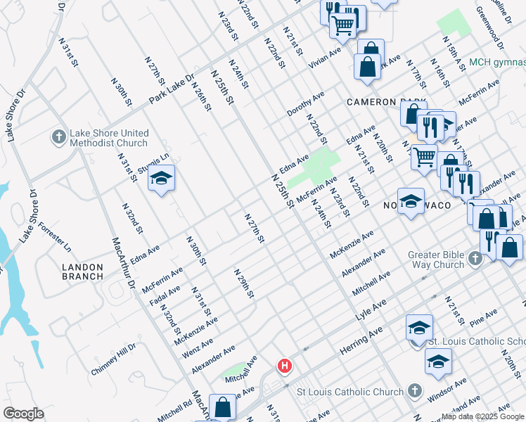 map of restaurants, bars, coffee shops, grocery stores, and more near 2601 McFerrin Avenue in Waco