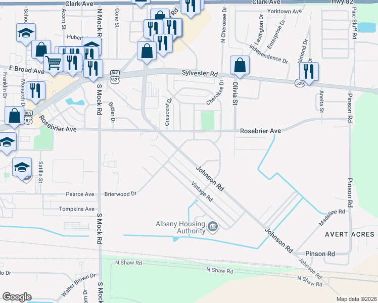 map of restaurants, bars, coffee shops, grocery stores, and more near 404 Johnson Road in Albany