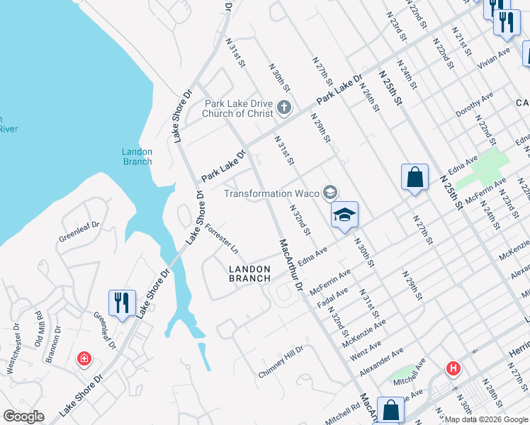 map of restaurants, bars, coffee shops, grocery stores, and more near 3420 Macarthur Drive in Waco