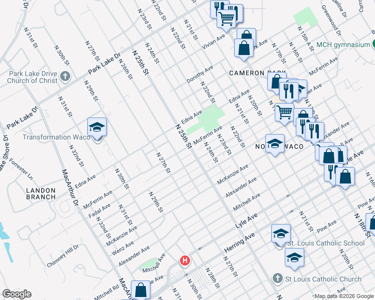 map of restaurants, bars, coffee shops, grocery stores, and more near 2504 McFerrin Avenue in Waco