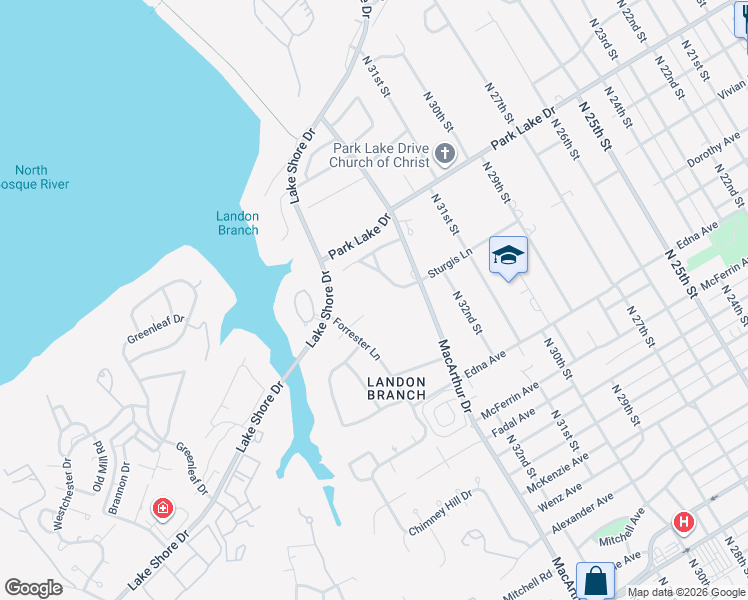 map of restaurants, bars, coffee shops, grocery stores, and more near 3401 Obrien Circle in Waco