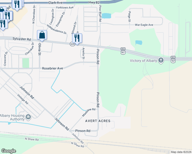 map of restaurants, bars, coffee shops, grocery stores, and more near 215 Pinson Road in Albany