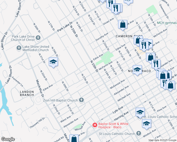 map of restaurants, bars, coffee shops, grocery stores, and more near 2601 McFerrin Avenue in Waco