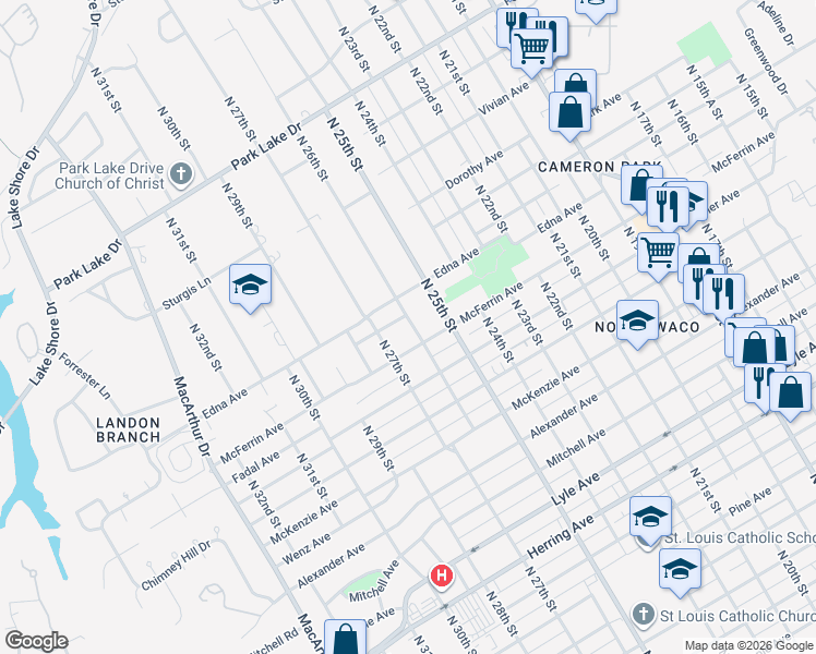 map of restaurants, bars, coffee shops, grocery stores, and more near 2601 McFerrin Avenue in Waco