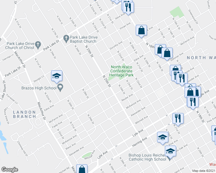 map of restaurants, bars, coffee shops, grocery stores, and more near 3100 North 25th Street in Waco