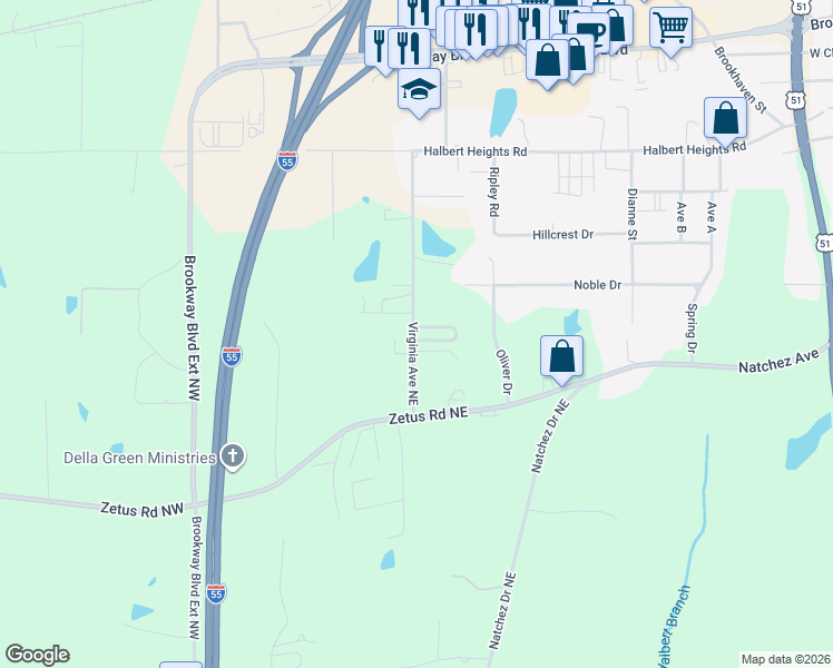 map of restaurants, bars, coffee shops, grocery stores, and more near 301-415 Virginia Ave NE in Brookhaven