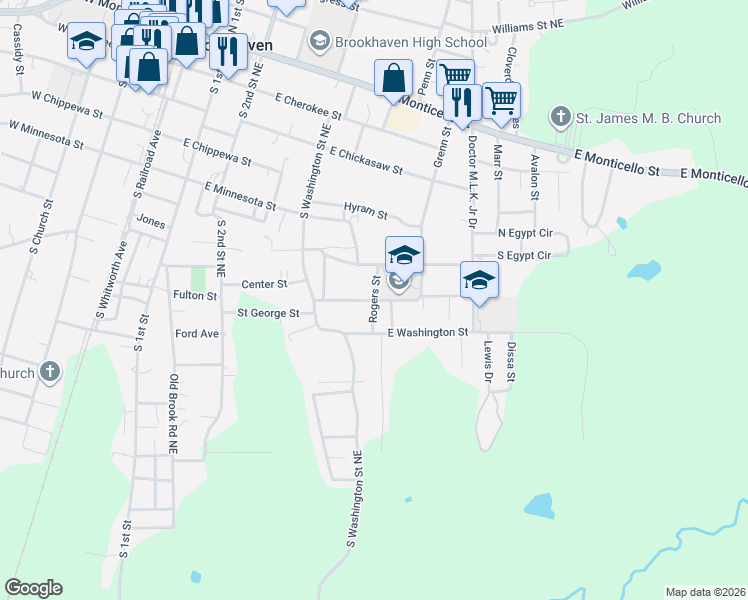 map of restaurants, bars, coffee shops, grocery stores, and more near 534 Rogers Street in Brookhaven