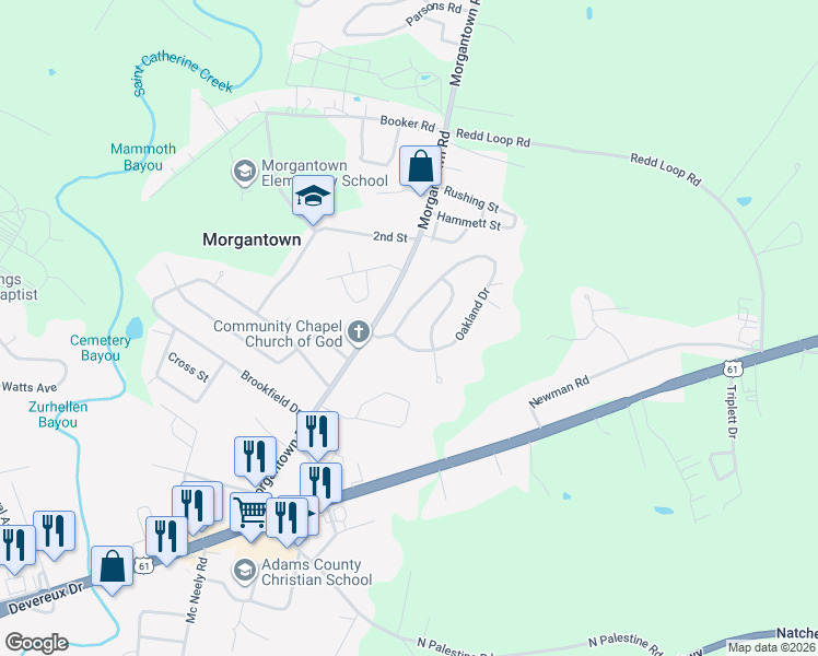 map of restaurants, bars, coffee shops, grocery stores, and more near 411 Oakland Drive in Natchez