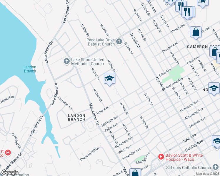 map of restaurants, bars, coffee shops, grocery stores, and more near 3005 Edna Avenue in Waco