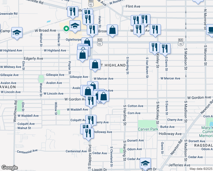 map of restaurants, bars, coffee shops, grocery stores, and more near 501 South Cleveland Street in Albany