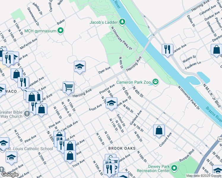map of restaurants, bars, coffee shops, grocery stores, and more near 513 Proctor Avenue in Waco