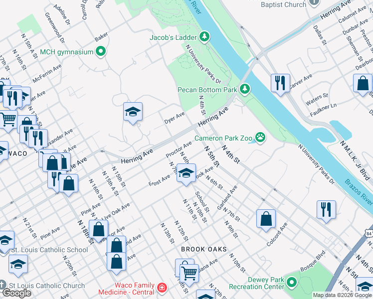 map of restaurants, bars, coffee shops, grocery stores, and more near 513 Proctor Avenue in Waco