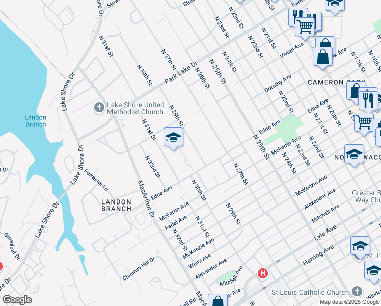 map of restaurants, bars, coffee shops, grocery stores, and more near 3317 North 29th Street in Waco