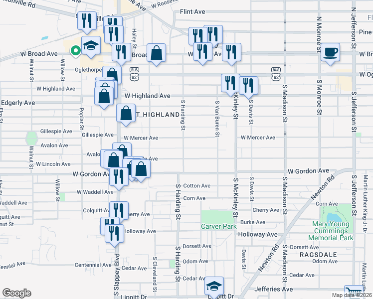 map of restaurants, bars, coffee shops, grocery stores, and more near 501 South Harding Street in Albany