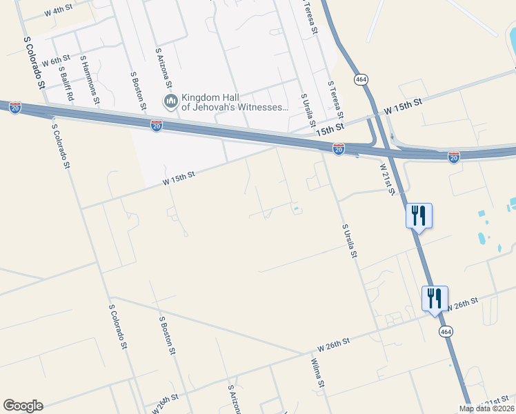 map of restaurants, bars, coffee shops, grocery stores, and more near 1705 Wilma Street in Monahans