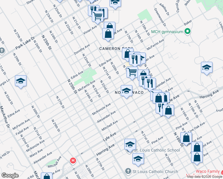 map of restaurants, bars, coffee shops, grocery stores, and more near 2009 Reuter Avenue in Waco
