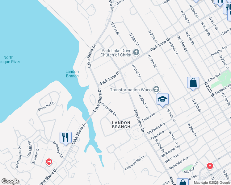 map of restaurants, bars, coffee shops, grocery stores, and more near 3500 Sturgis Lane in Waco