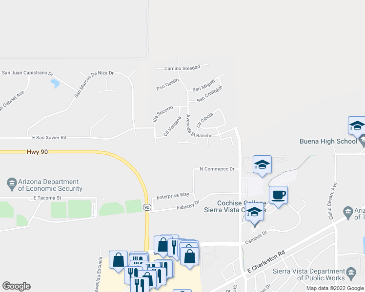 map of restaurants, bars, coffee shops, grocery stores, and more near 4276 Tierra Bien Court in Sierra Vista